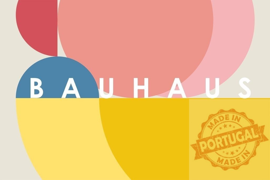Bauhaus graphic design poster with geometric shapes and typography | Bauhaus typography with overlapping colorful geometric shapes creating a modernist abstract background - Realisiert mit Pictrs.com