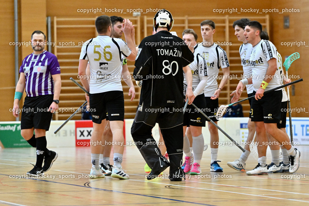 FBK Loka vs. VSV Unihockey | #56 Lovro Oblak FBK Loka, #80 Blaz Tomazin FBK Loka, Jubel FBK Loka Mannschaft, #98 Gasper Triler FBK Loka, #33 Gal Sardi FBK Loka, #17 Anze Podobnik FBK Loka, FBK Loka vs. VSV Unihockey, FBK Loka vs. VSV Unihockey am 23.03.2025 in Villach (Ballspielhalle St. Martin), Austria, (Photo by Bernd Stefan)