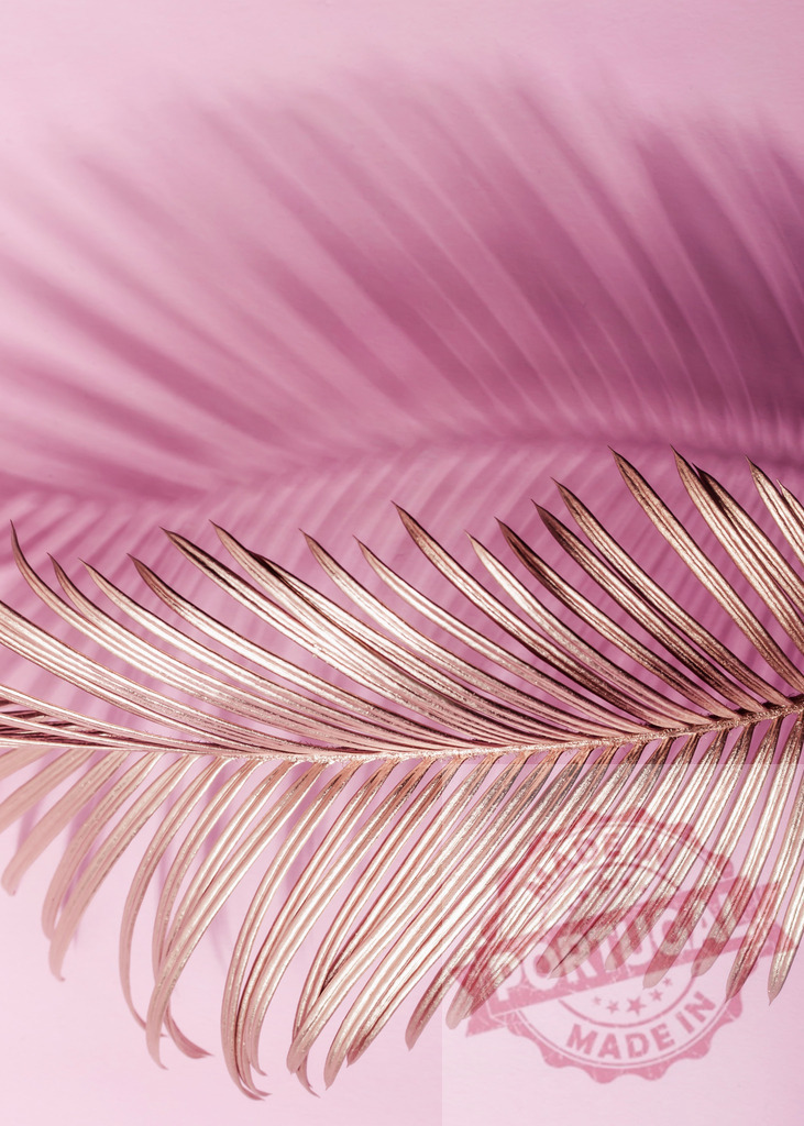 Golden palm leaf casting shadows on pink background | Golden palm leaf with bright light casting long shadows on a pink surface, creating a tropical artistic background - Realisiert mit Pictrs.com