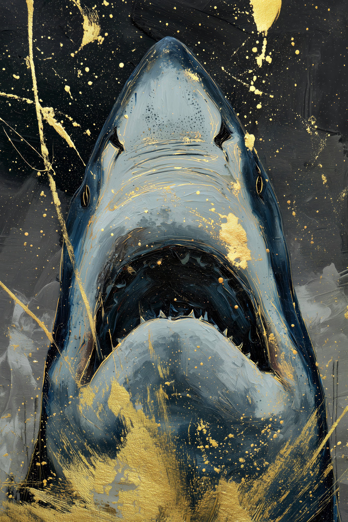 2507002 - Bedrohlicher Hai | Ein Hai aus einer eindrucksvollen Perspektive mit goldenen Farbakzenten.