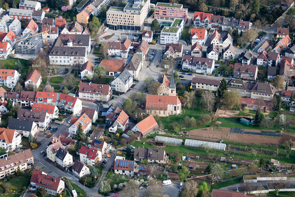 Luftbild: Johanneskirche im Ortsteil Stammheim in Stuttgart im Bundesland Baden-Württemberg in Deutschland. Foto: IMG_39293.jpg vom 03.04.2011 durch Werner Riehm/FLY-FOTO.de