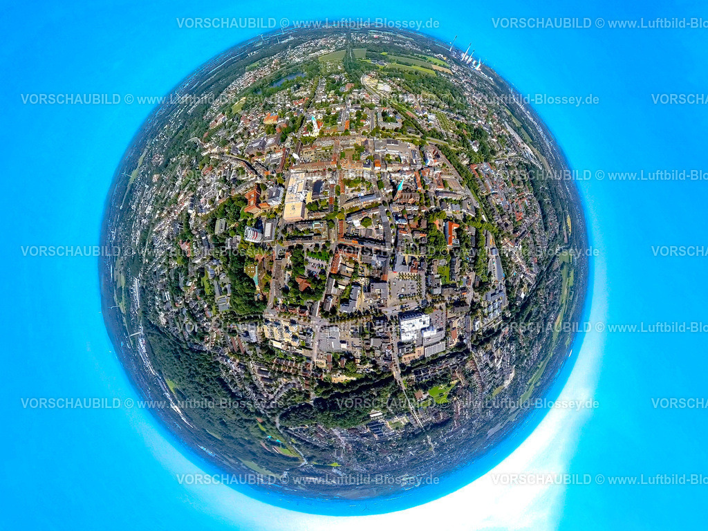Gladbeck240890522Mitte | Luftbild, Ortszentrum Mitte mit Rathaus und  Humboldtstraße, kath. Kirche St. Lamberti, Erdkugel, Fisheye Aufnahme, Fischaugen Aufnahme, 360 Grad Aufnahme, tiny world, little planet, fisheye Bild, Gladbeck, Ruhrgebiet, Nordrhein-Westfalen, Deutschland