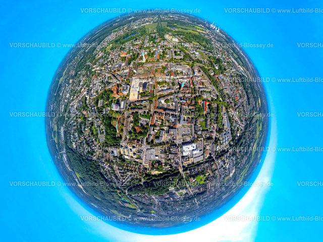 Gladbeck240890522Mitte | Luftbild, Ortszentrum Mitte mit Rathaus und  Humboldtstraße, kath. Kirche St. Lamberti, Erdkugel, Fisheye Aufnahme, Fischaugen Aufnahme, 360 Grad Aufnahme, tiny world, little planet, fisheye Bild, Gladbeck, Ruhrgebiet, Nordrhein-Westfalen, Deutschland