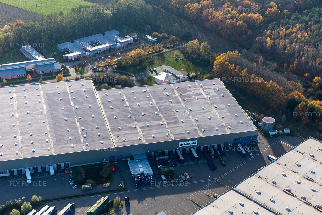 Luftbild: Gewerbegebiet Horst mit Magna Exteriors, Zufall Logistics, STS Group und Thermo Fisher im Ortsteil Minderslachen in Kandel im Bundesland Rheinland-Pfalz in Deutschland. Foto: IMG_123851.jpg vom 21.11.2020 durch Werner Riehm/FLY-FOTO.de