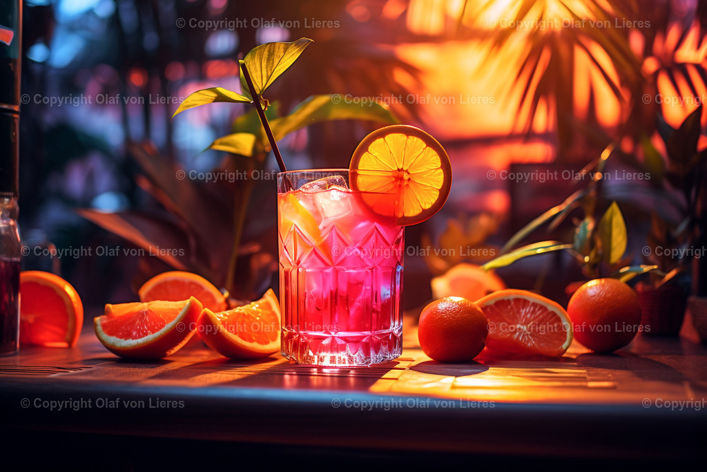 Cocktail mit Palmen | Cocktails mit Obst und Sonnenuntergang