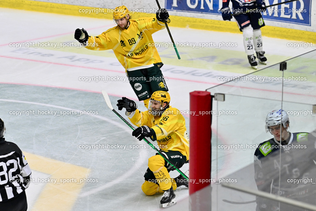ATSE Graz vs. EHC Lustenau | Jubel EHC Lustenau, #16 Wüstner Robin EHC Lustenau, #89 Tiainen Riku Petteri EHC Lustenau, ATSE Graz vs. EHC Lustenau, ATSE Graz vs. EHC Lustenau am 14.02.2026 in Graz (Merkur Eishalle ), Austria, (Photo by Bernd Stefan)