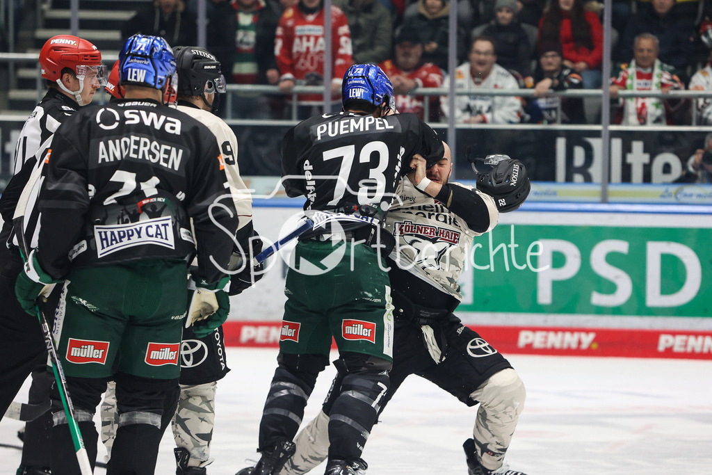 Augsburger Panther - Kölner Haie  | Matthew PUEMPEL (AEV #73) und Maximilian GLOETZL kaempfen auf dem Eis / Fight / Kampf / Faustkampf