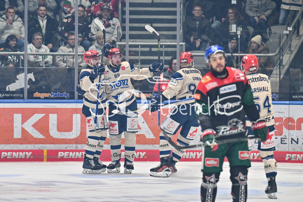 Augsburger Panther - Schwenninger Wild Wings | Jubel der Gaeste nach dem Treffer zum 0-1 durch Zach SENYSHYN (Schwenninger Wild Wings 89) / Happy / Tor / Freude / torschuetze / DEL: Augsburger Panther - Schwenninger Wild Wings, Curt Frenzel Stadion am 24.01.2025