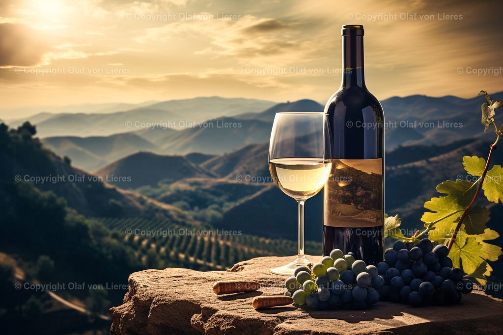 Weißwein mit Weinbergen im Hintergrund | Weinflasche mit Weinglas im Sonnenuntergang
