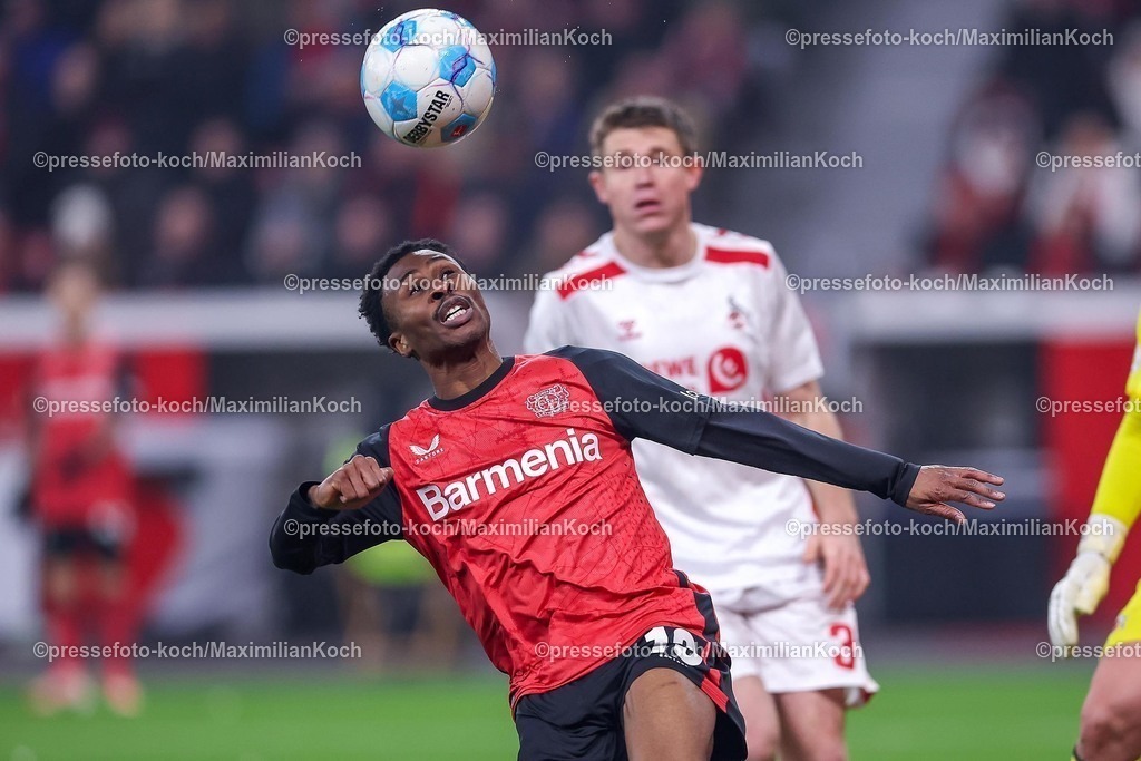 DFB05022501094 | 05.02.2025, Fußball, DFB-Pokal Viertelfinale, Bayer 04 Leverkusen - 1.FC Köln, BayArena, Saison 2024 2025: Nathan Tella (Bayer04 Leverkusen #19)DFB regulations prohibit any use of photographs as image sequences and or quasi-video.