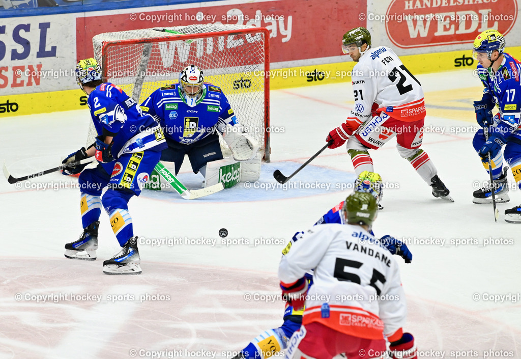 EC IDM Wärmepumpen VSV vs. HC Bozen 19.9.2023 | #2 MACPHERSON Dylan, #1 Jean-Philippe Lamoureux, #21 Ford Connor, #17 Arturs Kulda, win2day icehockeyleague, EC IDM Wärmepumpen - HC Bozen  am 19.09.2023 in Villach (Stadhalle Villach), Austria, (Photo by Bernd Stefan)