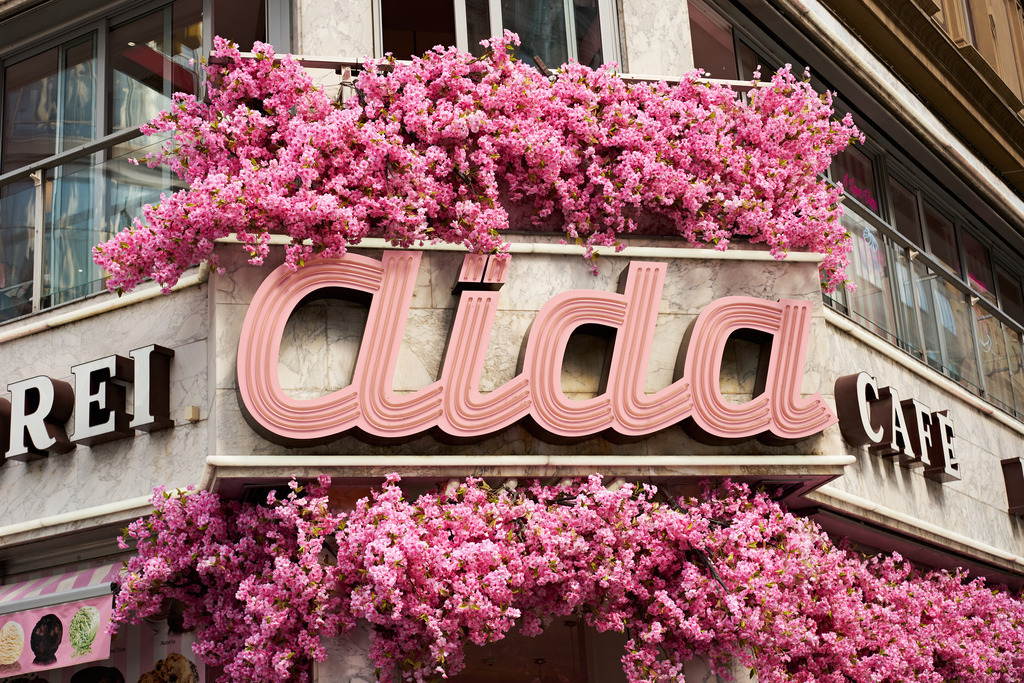 Blick auf die Aida Konditorei am Stephansplatz | Wien, Austria - April 26, 2024: Blick auf die Aida Konditorei mit rosaroten Kirschblüten am Stephansplatz. - Realisiert mit Pictrs.com