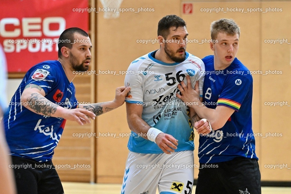 SC Ferlach vs. HSG Bärnbach/Köflach 30.3.2024 | #81 MILICEVIC Adrian SC Ferlach, #56 Beciri Kristian HSG Bärnbach, #8 KNAPP Simon SC Ferlach, SC Ferlach vs. HSG Bärnbach/Köflach 30.3.2024, SC Ferlach vs. HSG Bärnbach/Köflach am 30.03.2024 in Ferlach (Ballspielhalle Ferlach), Austria, (Photo by Bernd Stefan)