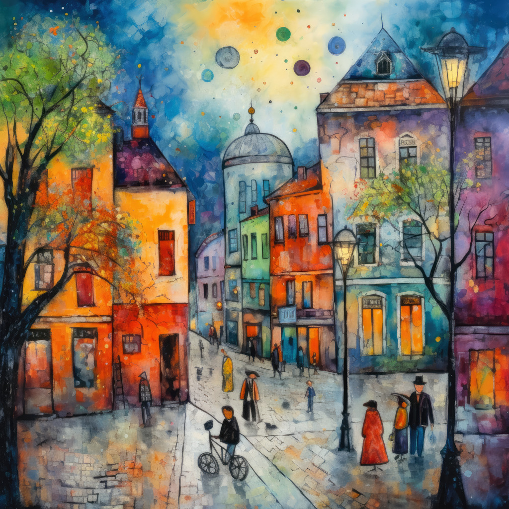 2307133 - Budapest II | Platz in Budapest, illustratives Motiv, das an den Stil von Marc Chagall erinnert.