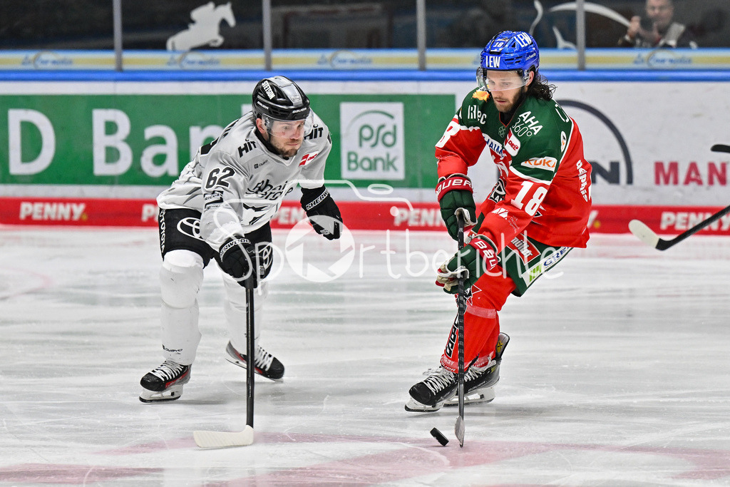 Augsburger Panther - Kölner Haie | im Duell Parker TUOMIE (Koelner Haie #62) und Anthony LOUIS (Augsburger Panther #18) / Zweikampf / DEL: Augsburger Panther - Koelner Haie, Curt Frenzel Stadion am 02.03.2025