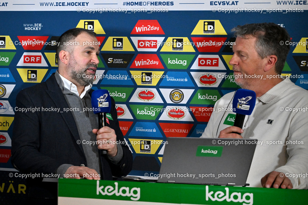 EC IDM WÄRMEPUMPEN VSV vs. MOSER MEDICAL GRAZ99ERS | Pierre Allard Headcoach EC VSV, Hallensprecher EC VSV Gerhard Oberrauner, EC IDM WÄRMEPUMPEN VSV vs. MOSER MEDICAL GRAZ99ERS, EC IDM WÄRMEPUMPEN VSV vs. MOSER MEDICAL GRAZ99ERS am 12.03.2026 in Villach (Stadthalle Villach), Austria, (Photo by Bernd Stefan)