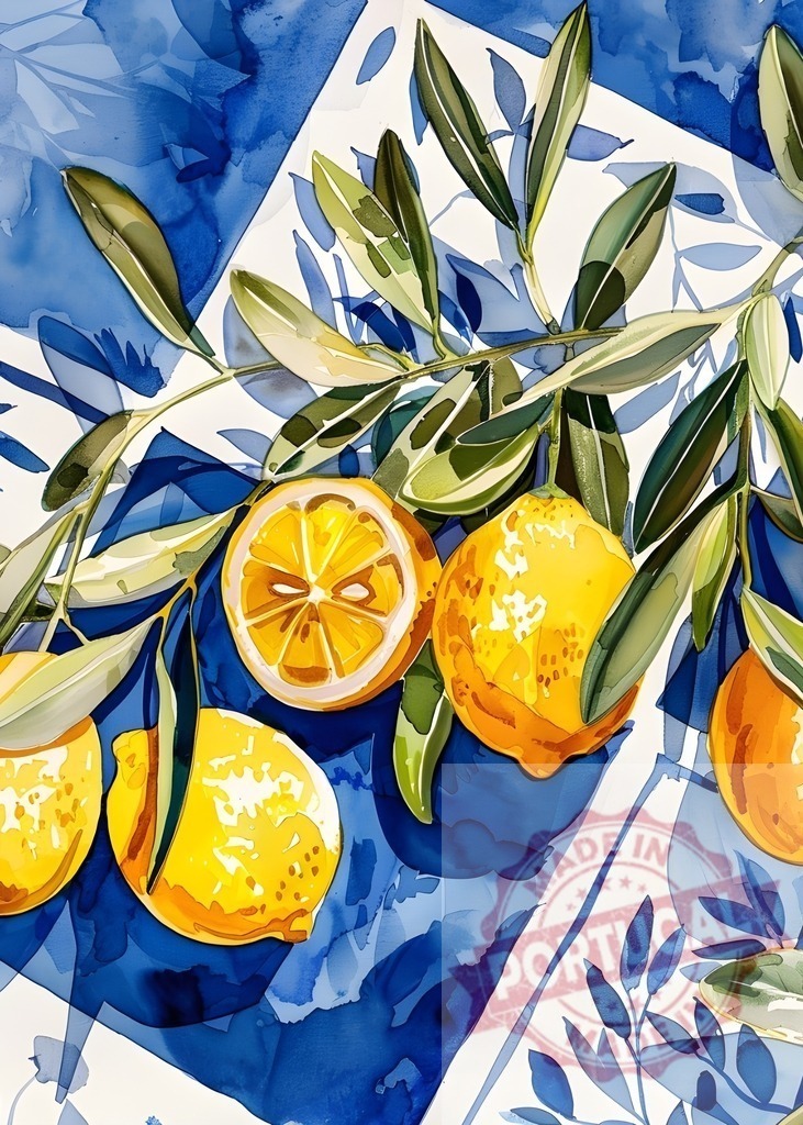 Watercolor painting of lemons and leaves on a blue background | Vibrant watercolor painting showcasing fresh lemons, leaves, and a captivating blue backdrop, ideal for adding a touch of Mediterranean charm - Realized with Pictrs.com