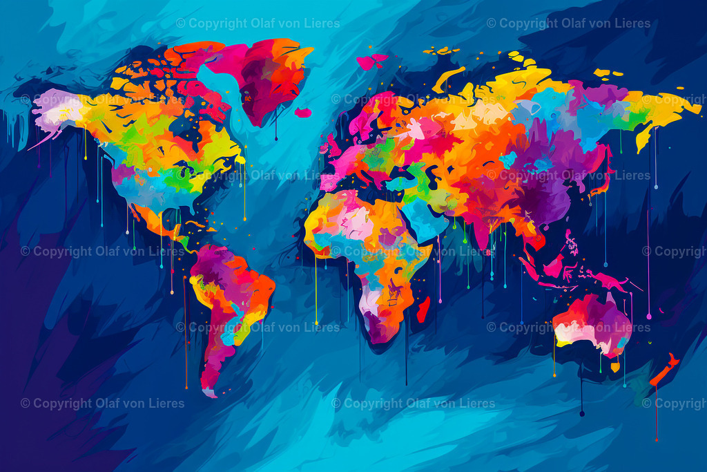 regenbogenfarbene Weltkarte | Weltkarte farbenfroh Popart 