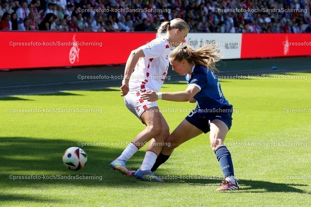 xSSC11052501024 | 11.05.2025, xsscx, Frauen Fußball, 1. FC Köln - Turbine Potsdam, 1. Fußball Bundesliga, 22. Spieltag, Franz-Kremer-Stadion, Saison 2024 2025: Julia Schiffarth (1. FC Köln 22) im Zweikampf mit Amelie Hoppe (Turbine Potsdam 23) DFB regulations prohibit any use of photographs as image sequences and or quasi-video.