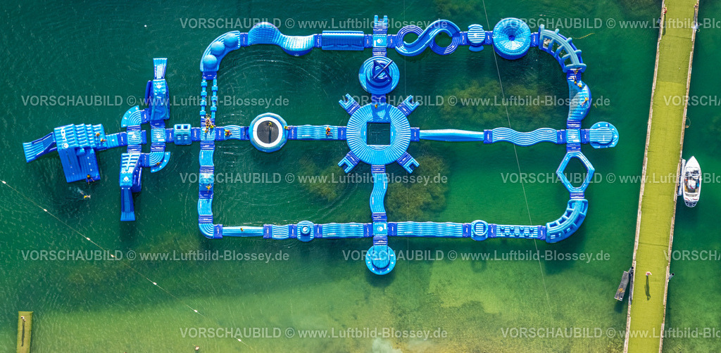 Beckum230805393-2 | Luftbild, Tuttenbrocksee mit AquaPark, Rutschen und Kletteranlage im See, Beckum, Münsterland, Nordrhein-Westfalen, Deutschland