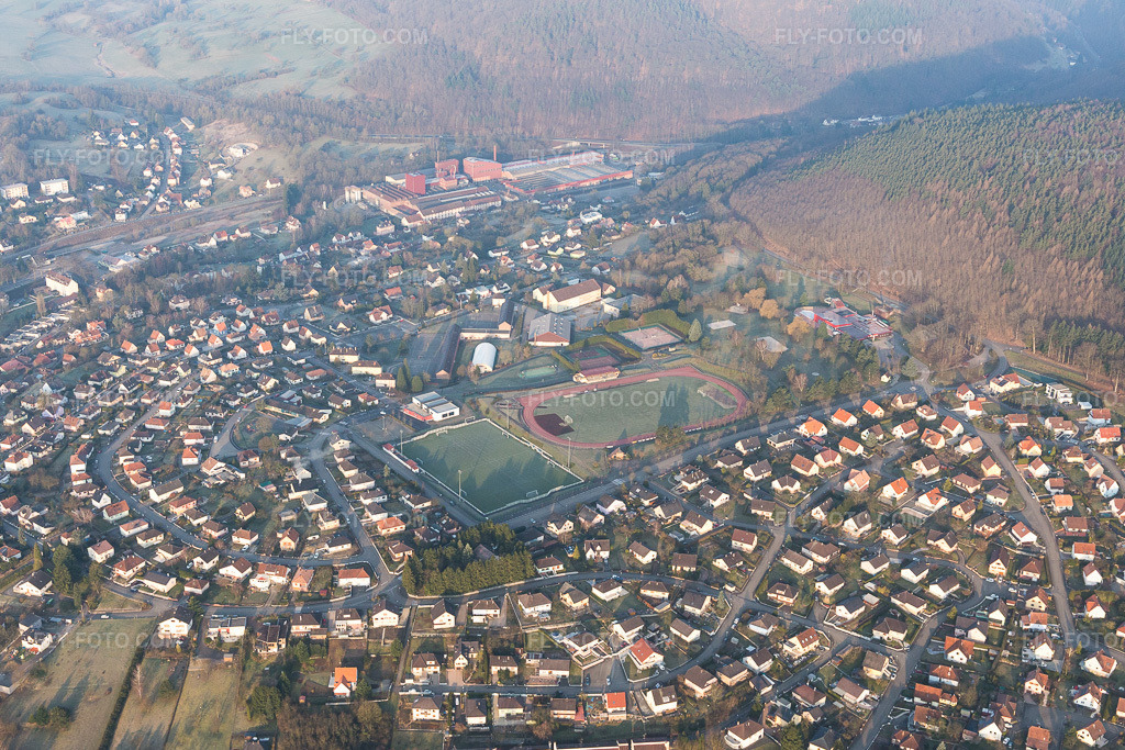 Aerial view: View of the town in Niederbronn-les-Bains in the state Bas-Rhin, France.Photo: IMG_105261.jpg taken on 03/25/2018 by Werner Riehm/FLY-FOTO.comResolution of the original: 5309 x 3539 px
