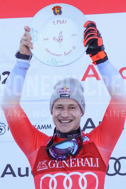 Audi FIS Ski World Cup: Men’s Slalom – Hahnenkamm Race, Kitzbuehel | Kitzbuehel, Austria, 25.Jan.26 - Alpine Skiing - FIS World Cup, Hahnenkamm Race, Slalom, men. The image shows ODERMATT Marco (SUI, Stoeckli) first place with trophy.