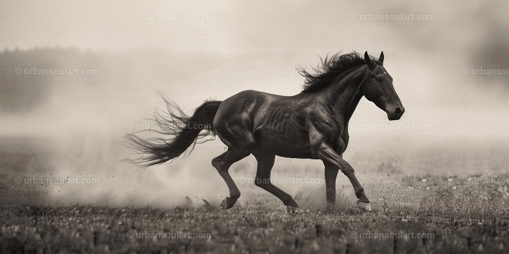 Black Horse Running In The Field | A dynamic, monochrome portrayal of a black horse galloping across a field. This artwork adds energy and elegance, perfect for those who appreciate the power and beauty of animals in motion. - Realisiert mit Pictrs.com