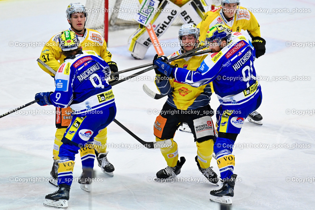 EC IDM WÄRMEPUMPEN VSV vs. Vienna Capitals | #91 Nick Hutchison EC VSV, #9 Alexander Rauchenwald EC VSV, #37 René Swette EC VSV, #3 Armin Preiser Vienna Capitals, EC IDM WÄRMEPUMPEN VSV vs. Vienna Capitals, EC IDM WÄRMEPUMPEN VSV vs. Vienna Capitals am 16.11.2025 in Villach (Stadthalle Villach), Austria, (Photo by Bernd Stefan)