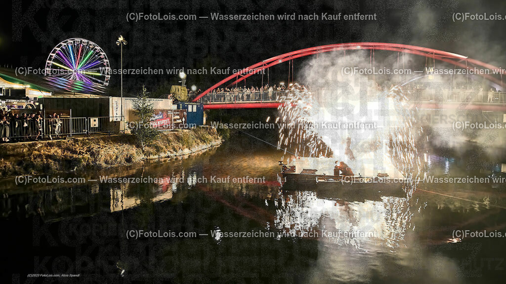 0594_Luftbild_VOLKSFEST-Wlbg_InselFeuer-Show | (C)FotoLois.com, Alois Spandl, Luftbild, Wieselburger VOLKSFEST neu, Feuershow auf der Erlaufinsel unter den Brücken, Do 29. Juni 2023.
