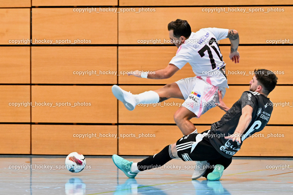 Carinthia Flamengo Futsal Club vs. FC Ljuti Krajisnici | #70 Yosifov Svetlozar Angelov Carinthia Flamengo, #6 Muhamed Ramic FC Ljuti Krajisnici, Carinthia Flamengo Futsal Club vs. FC Ljuti Krajisnici, Carinthia Flamengo Fusal Club vs. FC Ljuti Krajisnici am 12.10.2025 in Klagenfurt (Ballspielhalle Viktring), Austria, (Photo by Bernd Stefan)