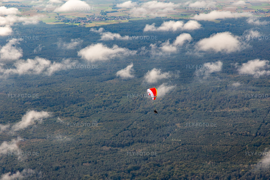 Luftbild: Paragleiter über dem Bienwald im Ortsteil Büchelberg in Wörth im Bundesland Rheinland-Pfalz in Deutschland. Foto: IMG_143623.jpg vom 06.10.2024 durch Werner Riehm/FLY-FOTO.de