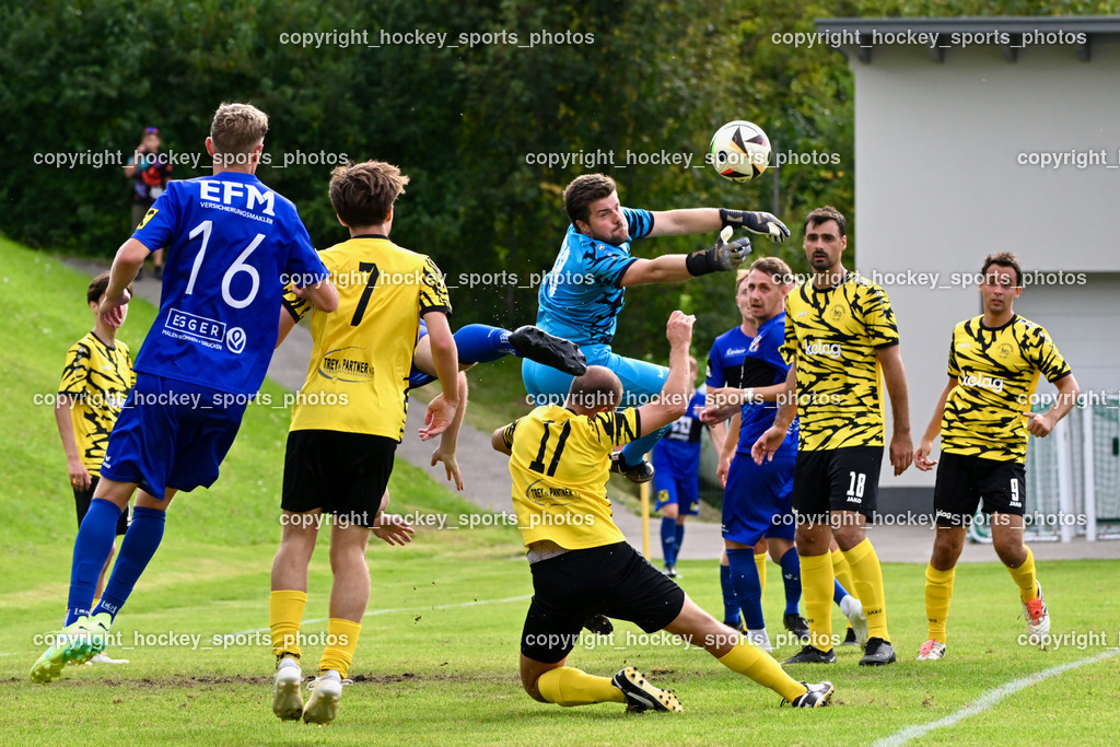 FC Faakersee vs. Union Matrei | #16 Hannes Wibmer Matrei, #7 Felix Michael Bachlechner FC Faakersee, #17 Matteo Scheucher FC Faakersee, #1 Michael Lessiak FC Faakersee, #18 Andreas Unterguggenberger FC Faakersee, #20 Luca Ronacher Matrei, #9 Thomas Unterguggenberger FC Faakersee, FC Faakersee vs. Union Matrei, FC Faakersee vs. Union Matrei am 18.08.2024 in Finkenstein (Sportplatz Faakersee), Austria, (Photo by Bernd Stefan)