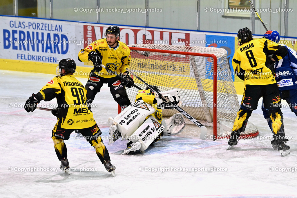 ESC Steindorf vs. EC Hornets Spittal 20.2.2024 | #98 Thalhammer Dominic EC Hornets Spittal, #15 Rossbacher Daniel EC Hornets Spittal, #1 Zauchner Rene EC Hornets Spittal, #8 Komar Luca EC Hornets Spittal, #57 Wilfan Franz ESC Steindorf, ESC Steindorf vs. EC Hornets Spittal 20.2.2024, ESC Steindorf vs. EC Hornets Spittal 20.2.2024 am 20.02.2024 in Steindorf (Ossiachersee Halle), Austria, (Photo by Bernd Stefan)