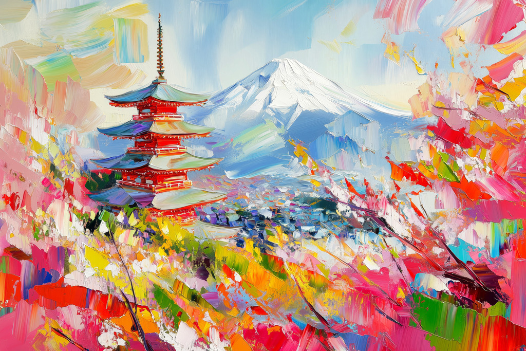 2504005 - Berg Fuji und Kirschblüte | Blick auf den Berg Fuji und eine Pagode während der Kirschblüte im Stil eines modernen Gemäldes.