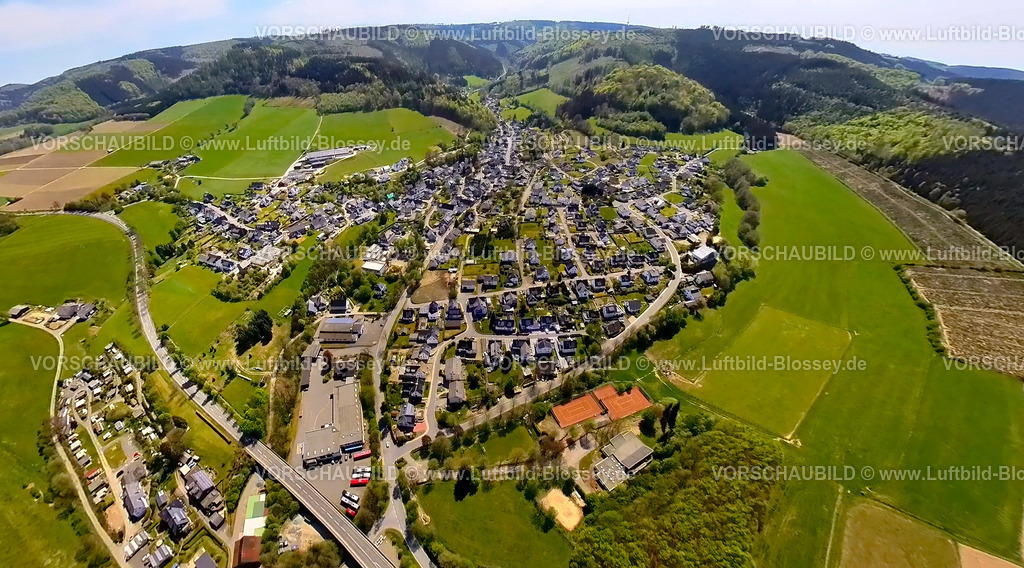 Schmallenberg240590299Boedefeld | Luftbild, Wohngebiet Ortsansicht Ortsteil Bödefeld umgeben von Wiesen und Feldern, Bergkette, Erdkugel, Fisheye Aufnahme, Fischaugen Aufnahme, 360 Grad Aufnahme, tiny world, little planet, fisheye Bild, Bödefeld, Schmallenberg, Sauerland, Nordrhein-Westfalen, Deutschland