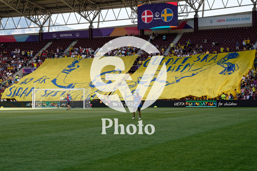 Denmark v Sweden - UEFA Women's EURO 2025 Group C | GENEVA, SWITZERLAND - JULY 4: Fans of Sweden with banner  during the UEFA Womens EURO 2025 Group C match between Denmark and Sweden at Stade de Geneve on July 4, 2025 in Geneva, Switzerland. (Photo by Giuseppe Velletri/Sports Press Photo/Getty Images)