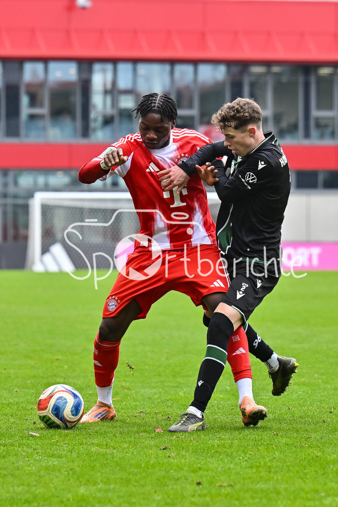 FC Bayern München - Hannover 96 | MUNICH, GERMANY - 15. FEBRUARY: im Duell Uzorchukwu EGWUATU (FC Bayern München U19 13) und Max BERGER (Hannover 96 U19 2) während dem Spiel zwischen der U19 des FC Bayern München und der U19 von Hannover 96 am 2. Spieltag der Hauptrunde der U19-DFB-Nachwuchsliga am FC Bayern Campus