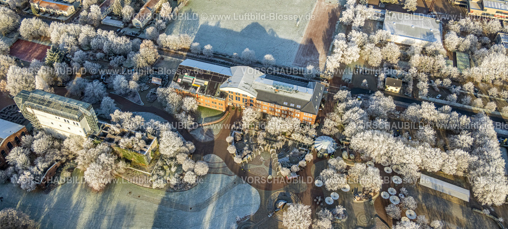 Hamm221202608 | Luftbild, Winterlicher Maximilianpark Freizeitpark mit Glaselefant und Haupteingang, Uentrop, Hamm, Ruhrgebiet, Nordrhein-Westfalen, Deutschland