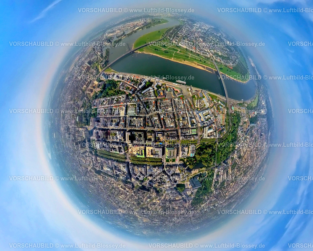 Duesseldorf240590063Altstadt_Rhein | Luftbild, Düsseldorfer Altstadt am Fluss Rhein, Oberkasseler Brücke und Rheinkniebrücke, Heinrich-Heine-Allee und Königsallee mit Baumallee, Erdkugel, Fisheye Aufnahme, Fischaugen Aufnahme, 360 Grad Aufnahme, tiny world, little planet, fisheye Bild, Stadtmitte, Düsseldorf, Nordrhein-Westfalen, Deutschland