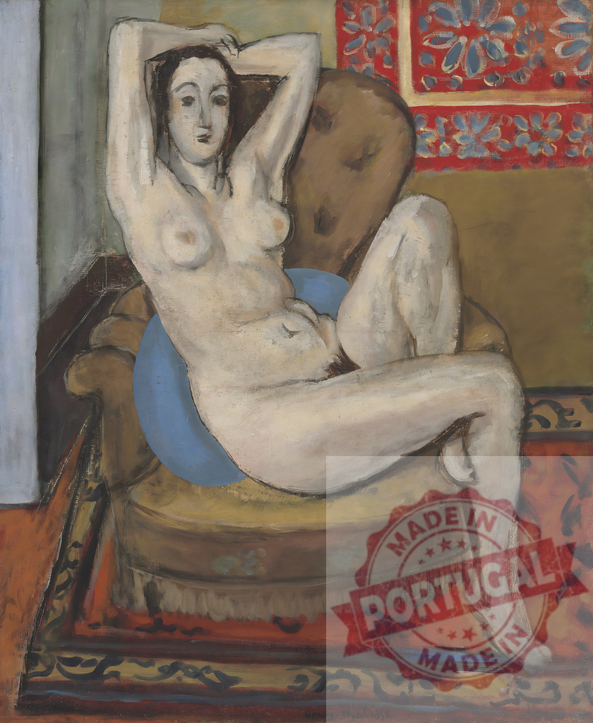 Henri Matisse painting nude woman reclining in armchair. Henri Matisse | Nude woman reclining in an armchair with a blue pillow against a decorative background - Realisiert mit Pictrs.com