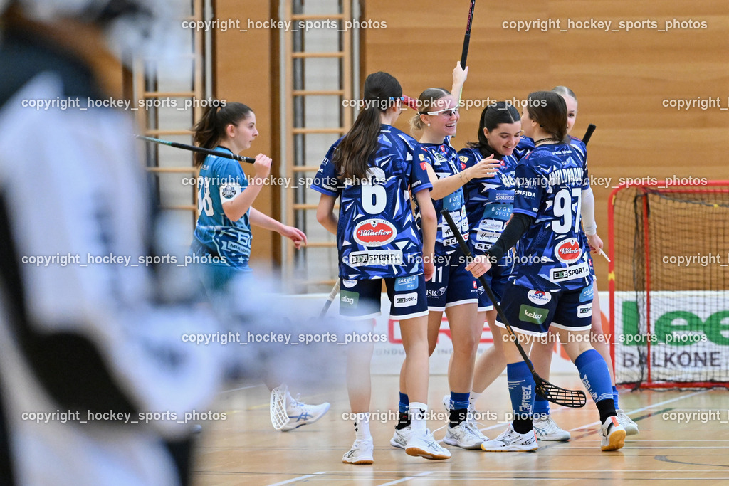 VSV Unihockey Damen vs. FCB München | #9 Paula Schedele FCB München, #97 Bettina Wildmann VSV Unihockey, #6 Noemi Kiššová VSV Unihockey, #64 Laura Walluschnig VSV Unihockey, Jubel VSV Unihockey Mannschaft, #11 Patricia Achernig VSV Unihockey, #7 Lina Heber VSV Unihockey, VSV Unihockey Damen vs. FCB München, VSV Unihockey Damen vs. FCB München am 24.01.2026 in Villach (Ballspielhalle St. Martin), Austria, (Photo by Bernd Stefan)