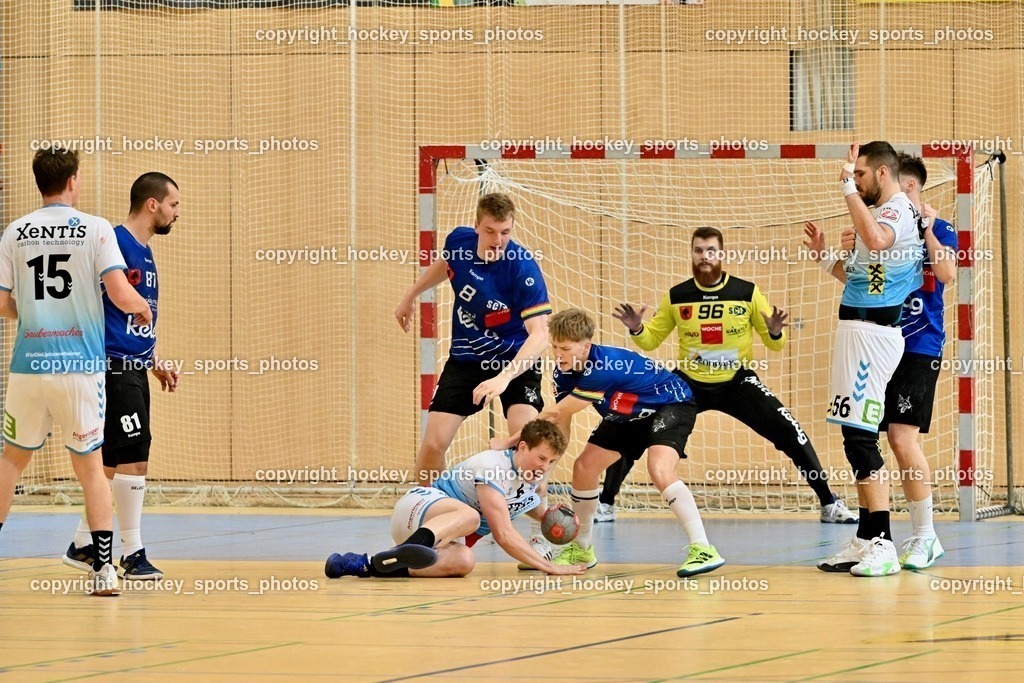 SC Ferlach vs. HSG Bärnbach/Köflach 30.3.2024 | #81 MILICEVIC Adrian SC Ferlach, #8 KNAPP Simon SC Ferlach, #9 SAGER Nico SC Ferlach, #6 KROBATH Leander SC Ferlach, 56 Beciri Kristian HSG Bärnbach, SC Ferlach vs. HSG Bärnbach/Köflach 30.3.2024, SC Ferlach vs. HSG Bärnbach/Köflach am 30.03.2024 in Ferlach (Ballspielhalle Ferlach), Austria, (Photo by Bernd Stefan)