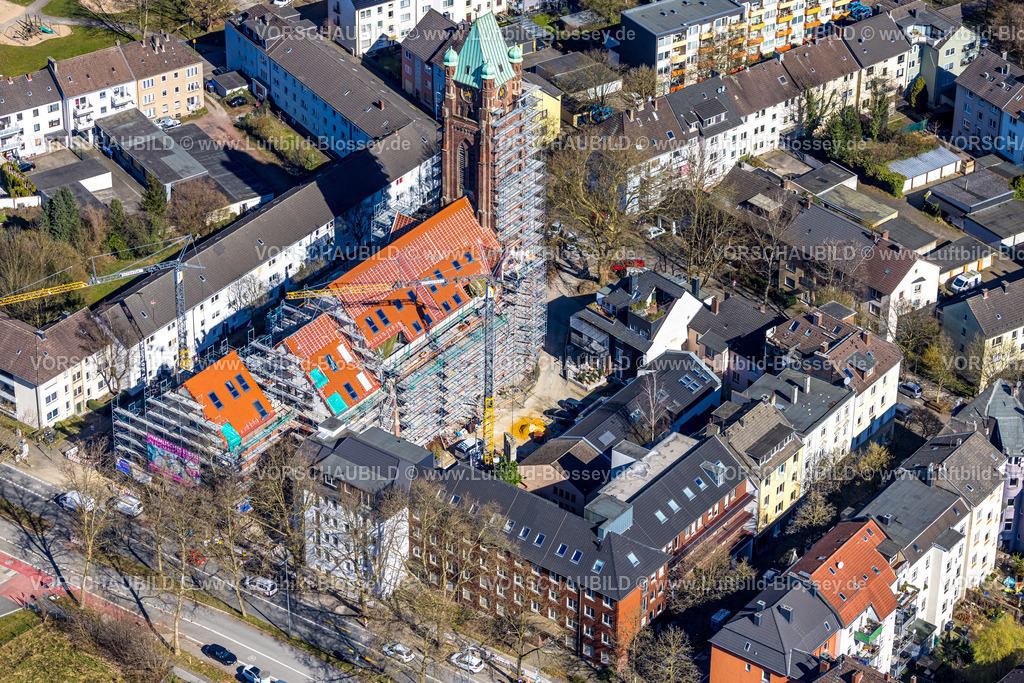 Bochum250301577 | Luftbild, Arnoldstraße Antonius-Quartier, Kirchenumbau wird zum Wohnraum, Baustelle mit Baugerüst, Kruppwerke, Bochum, Ruhrgebiet, Nordrhein-Westfalen, Deutschland