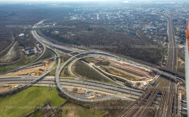 Duisburg240304125 | Luftbild, Autobahnkreuz Kaiserberg der Autobahnen A40 und A3 mit Baustellen, Duissern, Duisburg, Ruhrgebiet, Nordrhein-Westfalen, Deutschland, Duisburg-S