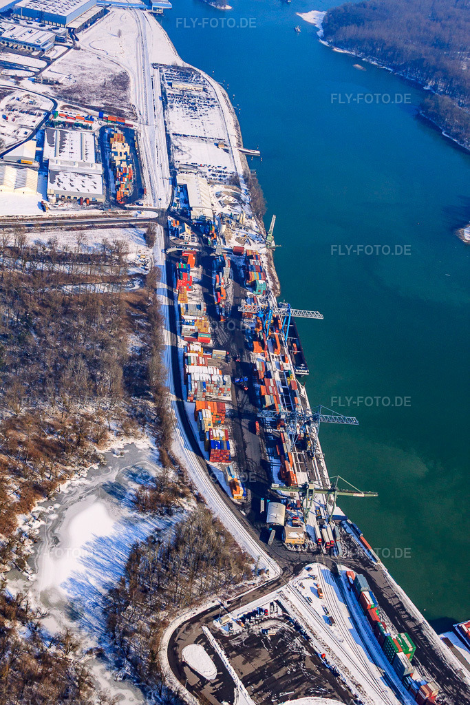 Luftbild: Containerhafen am Landeshafen Wörth im Winter bei Schnee im Ortsteil Maximiliansau in Wörth im Bundesland Rheinland-Pfalz in Deutschland. Foto: IMG_24107.jpg vom 16.02.2010 durch Werner Riehm/FLY-FOTO.de