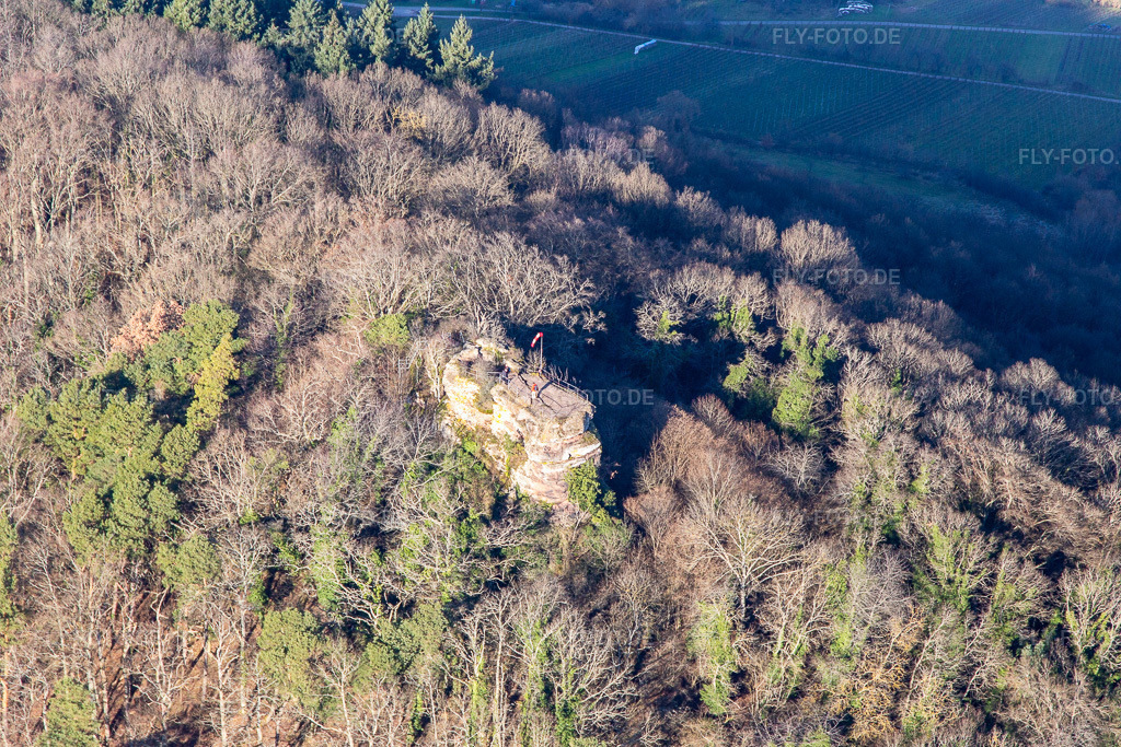 Luftbild: Burgruine Neukastell in Leinsweiler im Bundesland Rheinland-Pfalz in Deutschland. Foto: IMG_145043.jpg vom 27.12.2024 durch Werner Riehm/FLY-FOTO.de