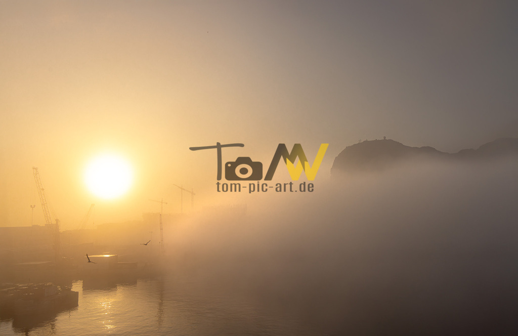 Sonnenaufgang im Nebel im Hafen von Gibraltar-Mystische Stimmung | Das Bild zeigt eine Fotografie eines Hafens bei Sonnenaufgang im Hafen von Gibaltar. Die Szene ist von dichtem Nebel durchzogen, was zu einer diffusen und atmosphärischen Beleuchtung führt.Im linken Teil des Bildes ist die Sonne hell zu sehen, die über der Szenerie aufgeht oder untergeht. - Realisiert mit Pictrs.com