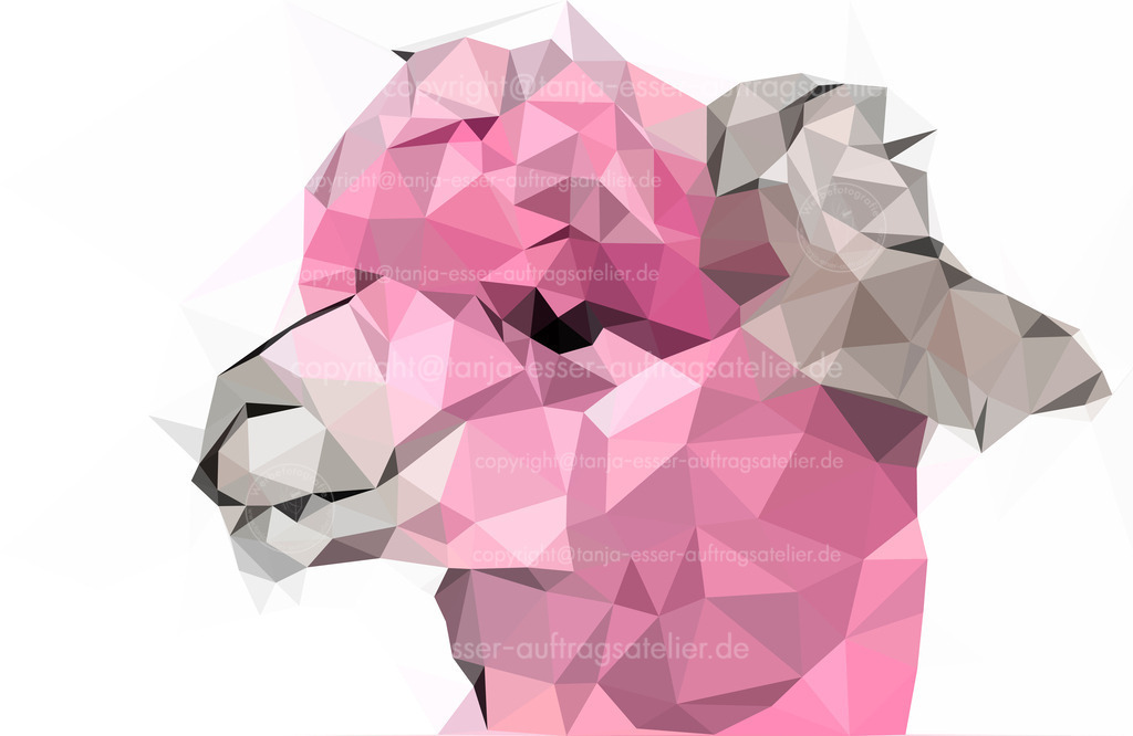 Kopf eines pinken Alpakas aus Polygonen | Kopf eines pinken Alpakas. Polygone bilden eine plastisch aussehende Ansicht. Low Poly Art.