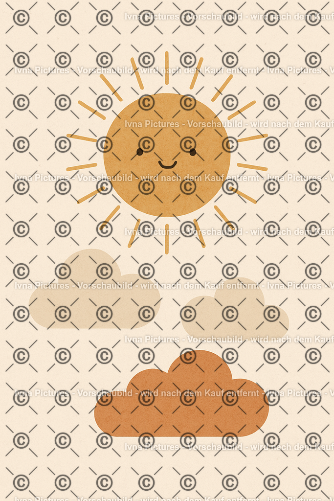Lächelnde Sonne ☀️ | Eine fröhliche Sonne strahlt warm und freundlich über weichen Wolken. Die sanften Naturtöne und die klare, minimalistische Gestaltung verleihen dem Motiv eine ruhige, harmonische Wirkung – ideal für eine liebevolle, skandinavisch inspirierte Atmosphäre. - Realisiert mit Pictrs.com