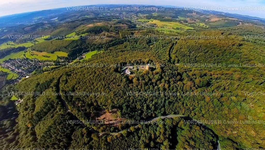 Hilchenbach230990375Ginsburg | Luftbild, Ginsburg im Waldgebiet, Schlossberg, Erdkugel, Fisheye Aufnahme, Fischaugen Aufnahme, 360 Grad Aufnahme, tiny world, Lützel, Hilchenbach, Sauerland, Nordrhein-Westfalen, Deutschland